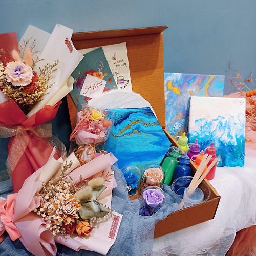 Sally Chao 福袋 流體畫/流體熊材料包 與 花禮 禮物 手作 花束 diy