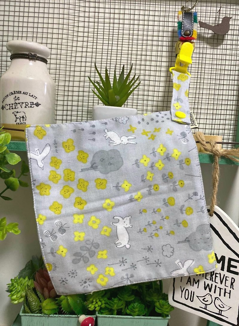 Cute gray yellow flower pattern saliva towel / small handkerchief / small square / double gauze - Handkerchiefs & Pocket Squares - Cotton & Hemp Gray