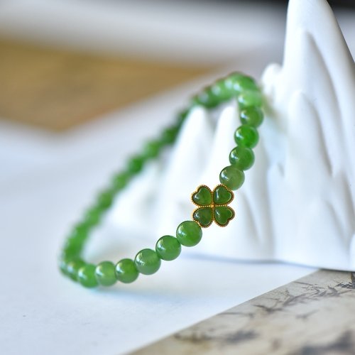 Angel's tears 天使之淚 Jewelry Design 6mm天然和田玉 /和闐玉-碧玉 碧玉四葉草設計單圈手持手串s