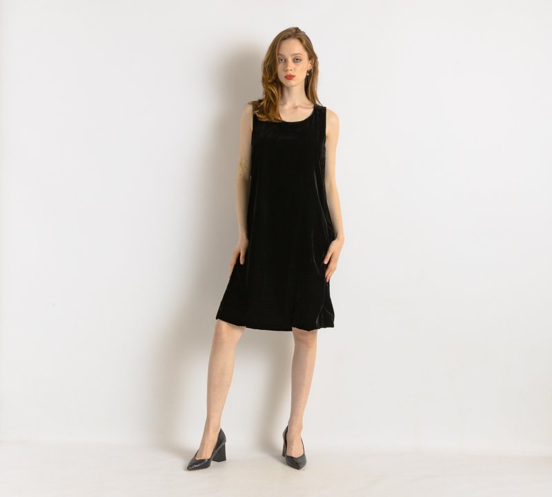 90s Woman Velor Max Mara Midi Black Dress size Medium 7530 - 洋裝/連身裙 - 棉．麻 黑色