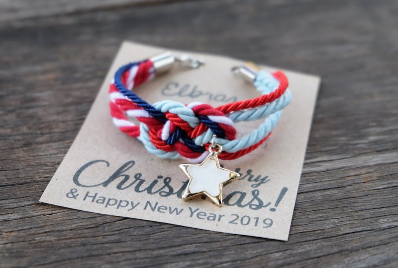 Infinity knot white star bracelet in red navy icy blue - Christmas bracelet - สร้อยข้อมือ - วัสดุอื่นๆ หลากหลายสี