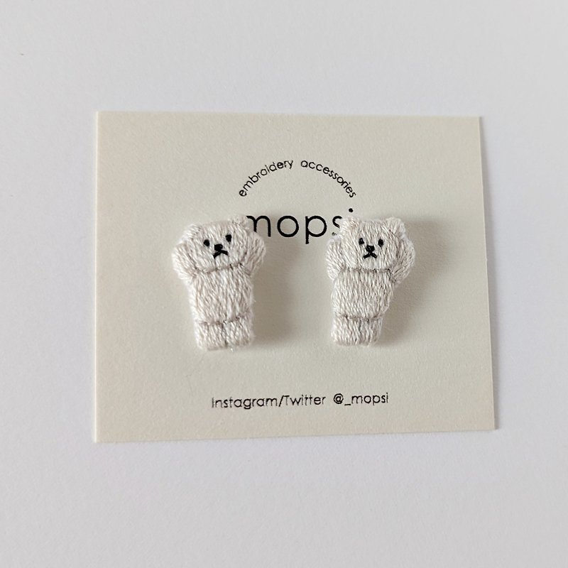 Banzai polar bear embroidery earrings/ Clip-On - Earrings & Clip-ons - Thread White