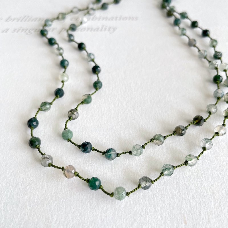 Moss agate green long necklace can be changed to glass cord - Long Necklaces - Semi-Precious Stones Green