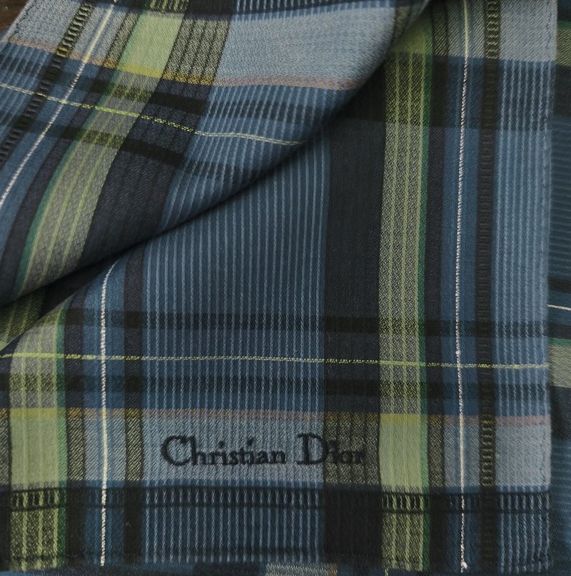 Christian Dior Vintage Handkerchief Pocket Square Blue Plaid 19 x 19 inches. - 手帕 - 棉．麻 藍色