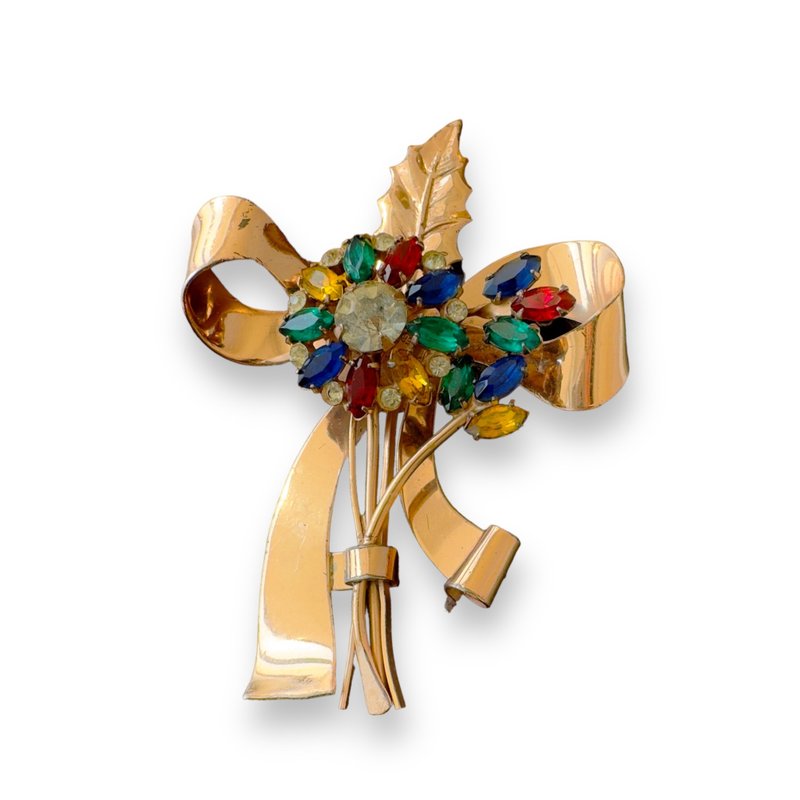 ヴィンテージ Coro スターリング ブローチ 大きなカラフルなリボン フローラル スプレイ 刻印あり ブックピース 40年代 - ブローチ - その他の素材 多色