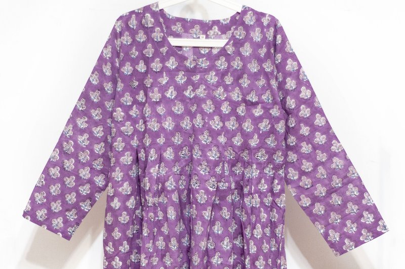 Woodblock Printed Cotton Dress Indian Cotton Organic Cotton Handmade Woodblock Printed Long Sleeve Dress - Purple Flowers - ชุดเดรส - ผ้าฝ้าย/ผ้าลินิน สีม่วง