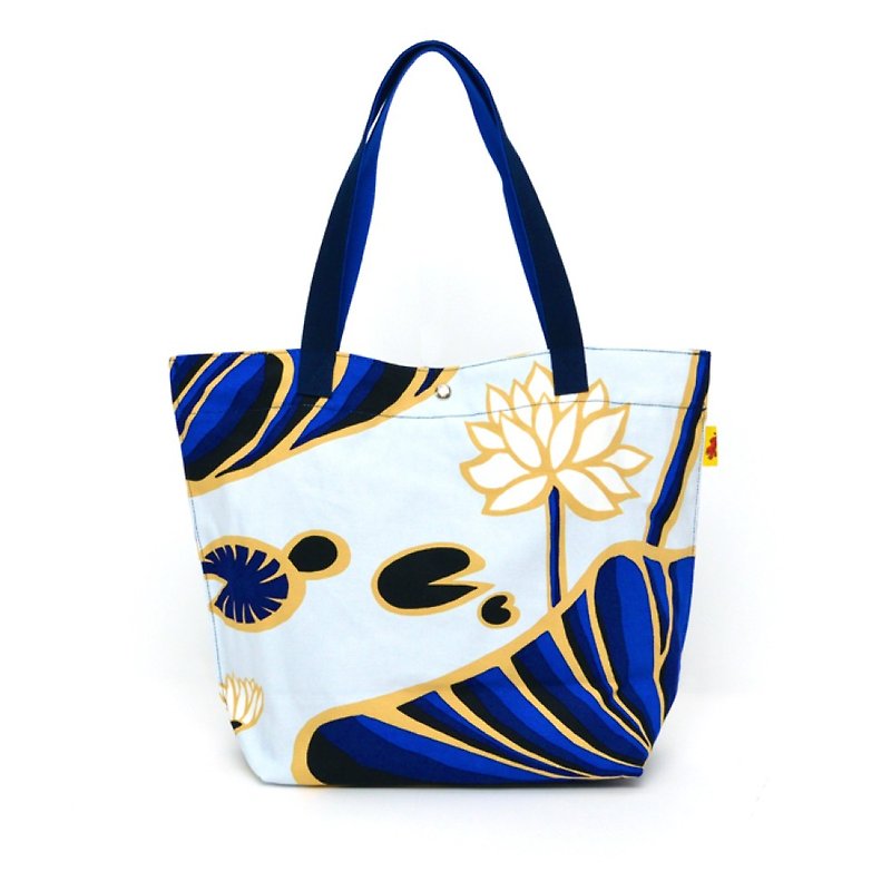 fabric tote Lotus - กระเป๋าถือ - ผ้าฝ้าย/ผ้าลินิน สีน้ำเงิน