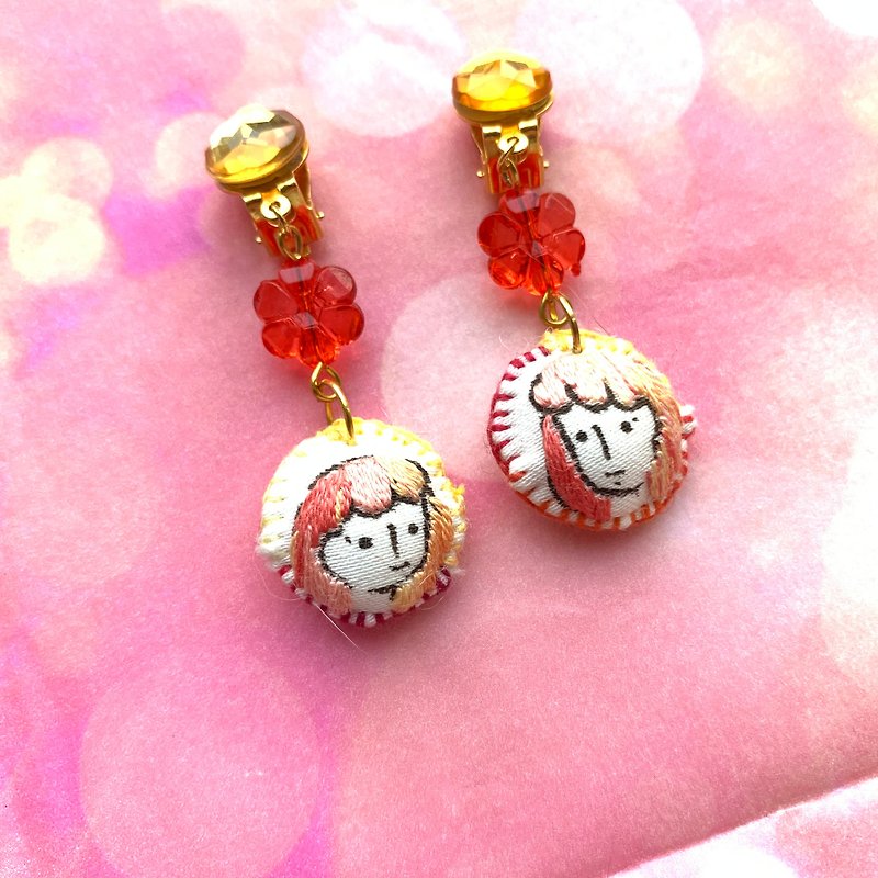 Little Me hand-painted embroidery earrings - orange girl - Earrings & Clip-ons - Thread Orange