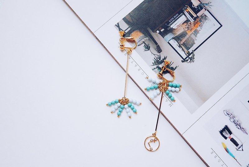 Dandelion-soft blue + mint green crystal pearl twelve constellation pendant earrings - ต่างหู - โลหะ สีเขียว