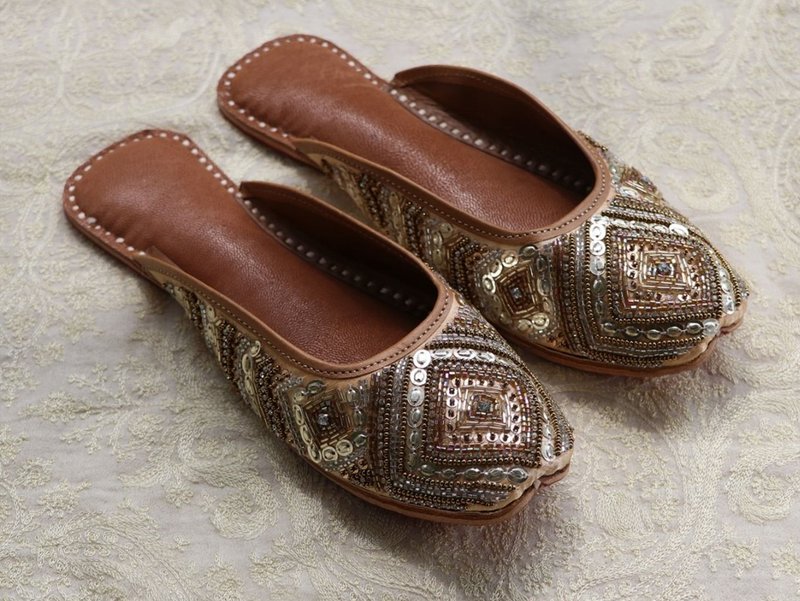 Golden sparkling Indian retro light gold sequined beaded handmade slippers - Other - Genuine Leather Brown