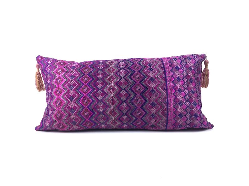 Chinese ethnic minority antique brocade pillow unique pink purple geometric figure tassel - Pillows & Cushions - Silk Pink