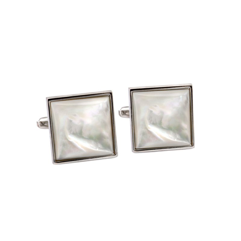 Square White Mother of Pearl Cufflinks - กระดุมข้อมือ - ไข่มุก สีเงิน