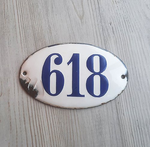 RetroRussia 618 house number sign blue white | vintage enamel metal door number plaque 618