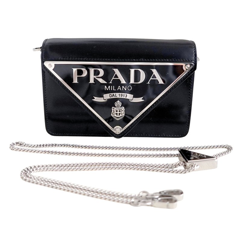 100%正版意大利名牌PRADA巨形LOGO黑色油光皮牛皮革斜跨手袋包包 - 側背包/斜背包 - 真皮 黑色
