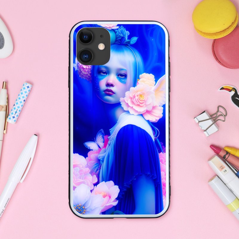 幻想的でゆめかわいい雰囲気の女の子と花や蝶 スマホケース【強化ガラス仕上げ】iPhone16 対応 - 手機殼/手機套 - 塑膠 多色