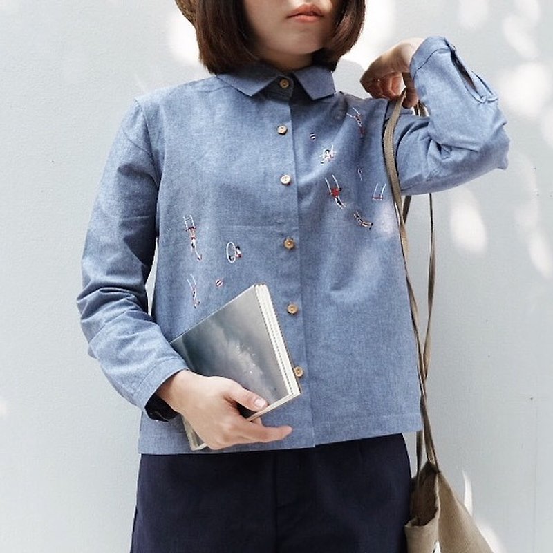 Long-slevees Shirt : Grey mix Blue Color - เสื้อผู้หญิง - งานปัก สีน้ำเงิน