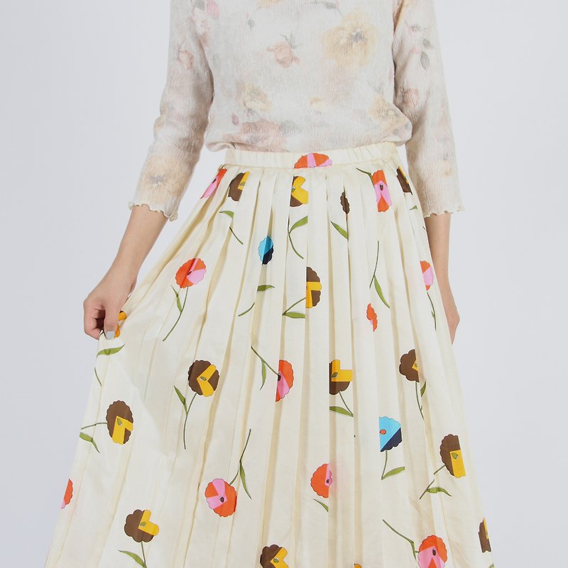 [Egg Plant Vintage] Moriyo Daisy Pleated Printed Vintage Skirt - Skirts - Polyester 