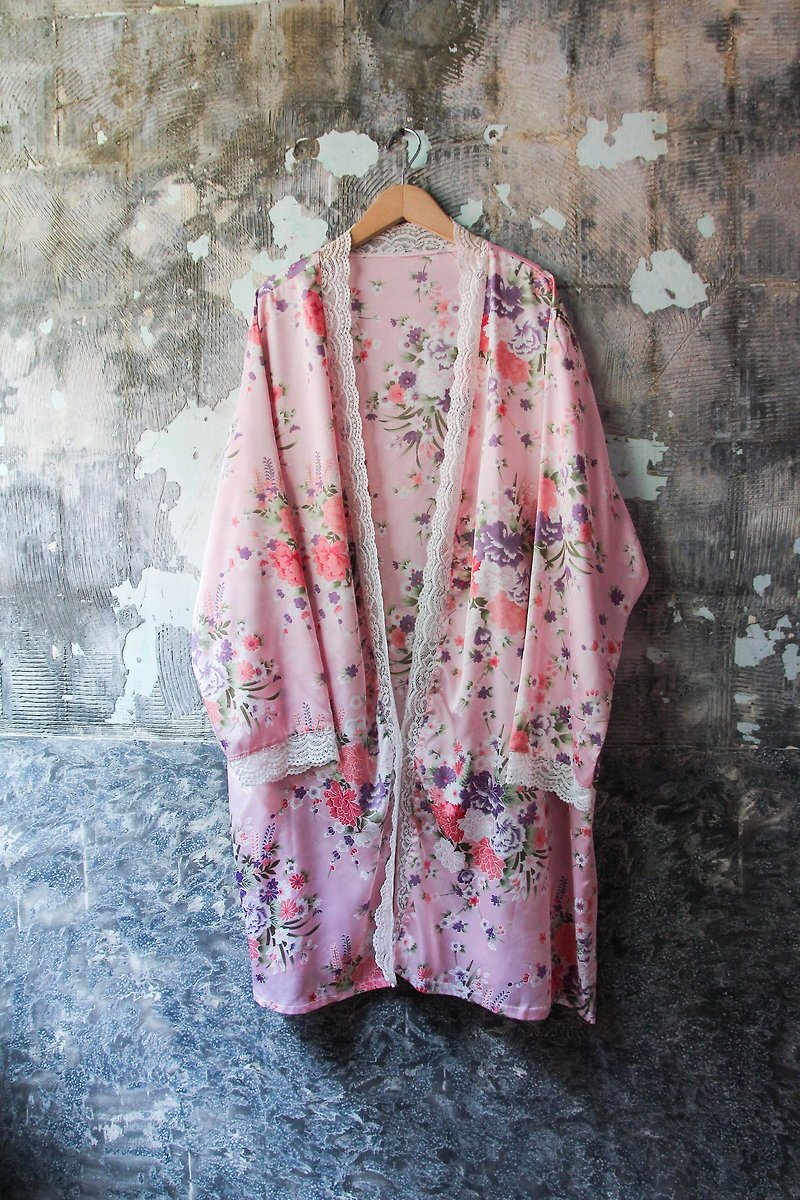 Vintage 絲質粉色牡丹圖案罩衫 - 女大衣/外套 - 聚酯纖維 