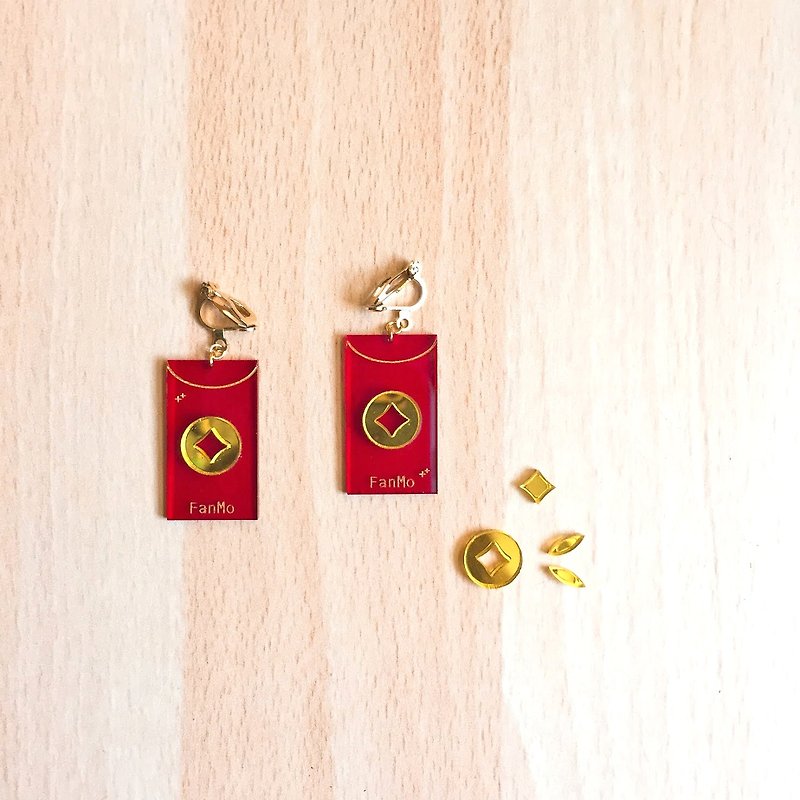 One yuan red envelope bag / ear hook ear clip - Earrings & Clip-ons - Acrylic Red