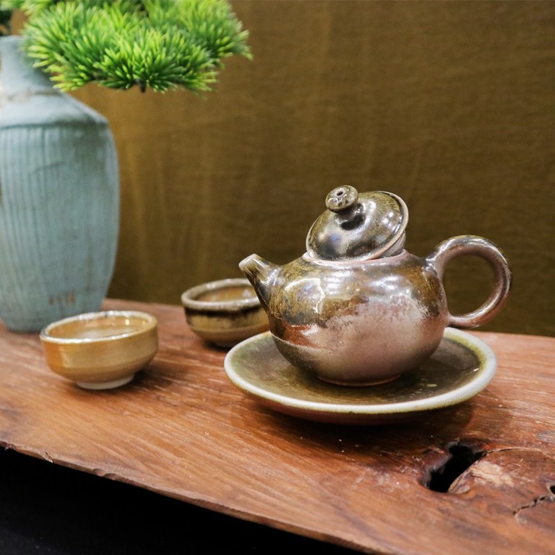 樸光 柴燒厚胎小茶壺 一壺二杯 旅行茶具組 - 茶壺/茶杯/茶具 - 陶 咖啡色