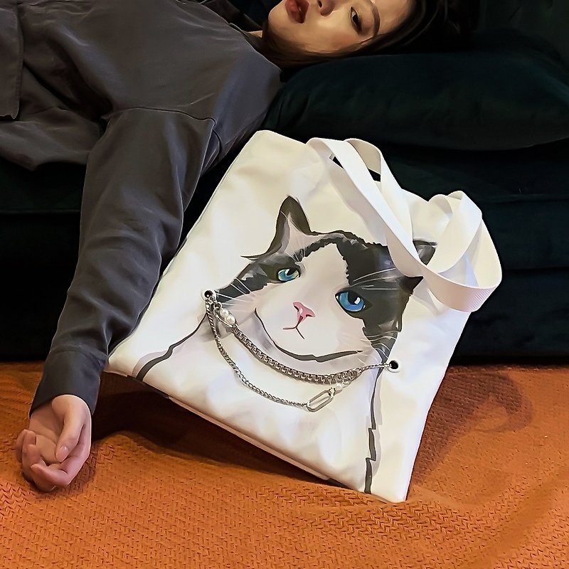 猫 両面イラスト キャンバスバッグ ホワイト - マペットキャット (バッグチェーン・ネックレス兼用) - トート・ハンドバッグ - ポリエステル ホワイト