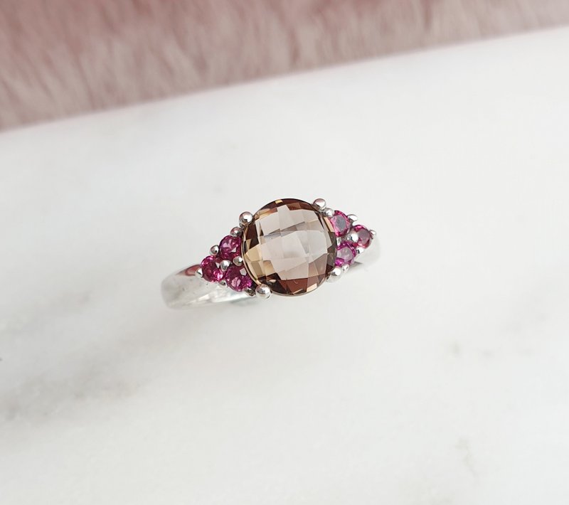 Smoky quartz ring, Rhodolite garnet, 925 Silver, white gold plated - 戒指 - 寶石 咖啡色