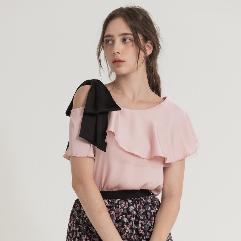 Off-shoulder strapped spliced ​​yarn top pink - เสื้อผู้หญิง - เส้นใยสังเคราะห์ สึชมพู