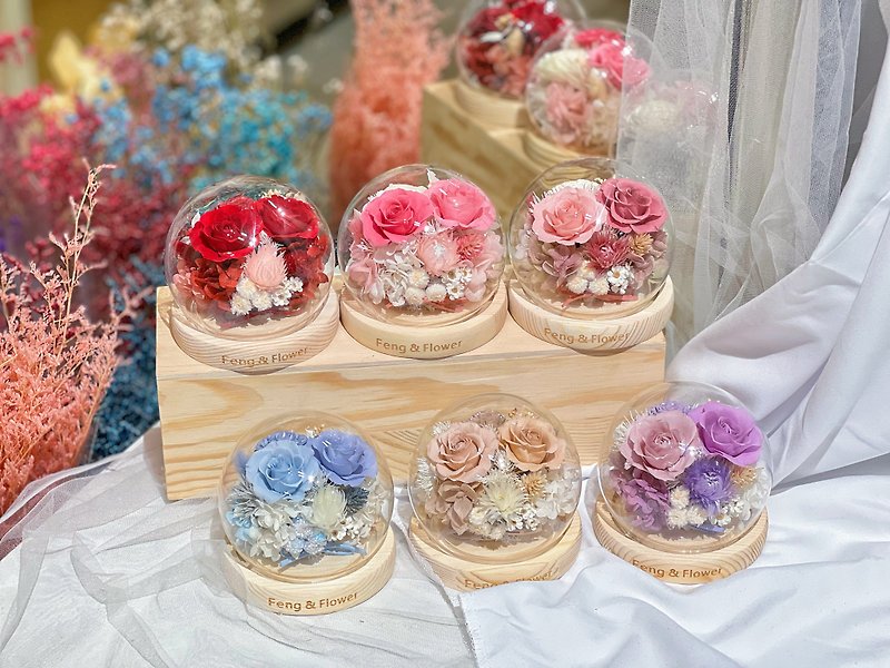 FengFlower [Witherless Rose Small Round Glass Cover] Dry Flower/Unwithered Flower/Eternal Flower/Gift - Dried Flowers & Bouquets - Plants & Flowers 