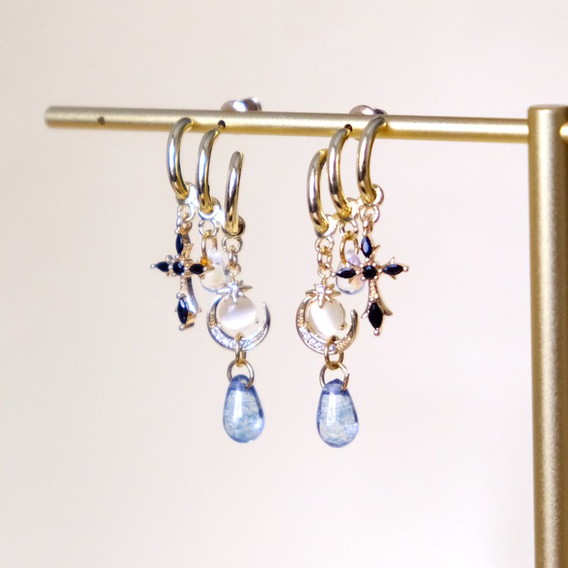 Cross moon cat's Stone blue water drop glass beads fake three hole earrings E336 - ต่างหู - แก้ว สีน้ำเงิน