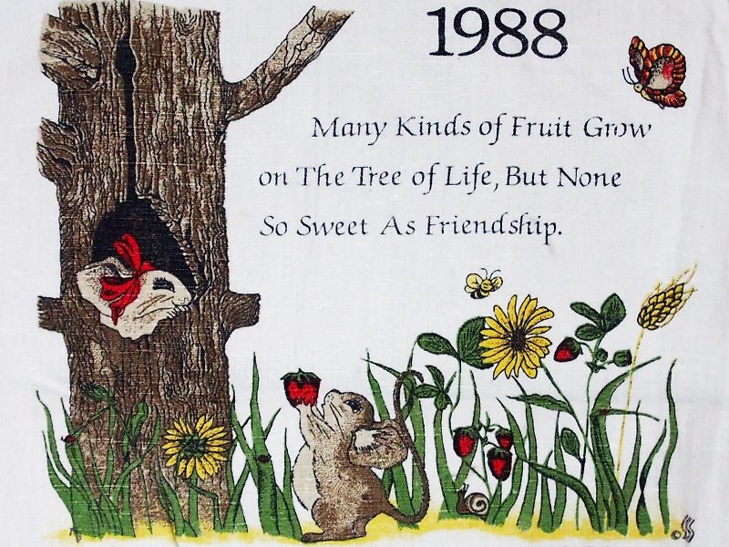 1988 American early cloth calendar squirrel - Wall Décor - Cotton & Hemp Green