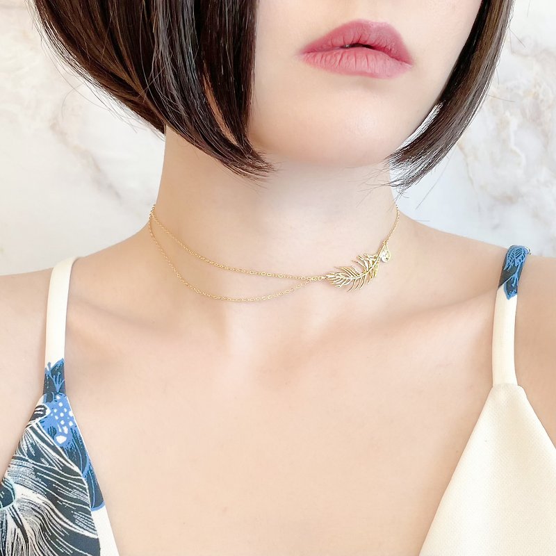 [Christmas Gift] Gold/Lucky Feather/Feather Choker Necklace SV068G - Necklaces - Other Metals Gold