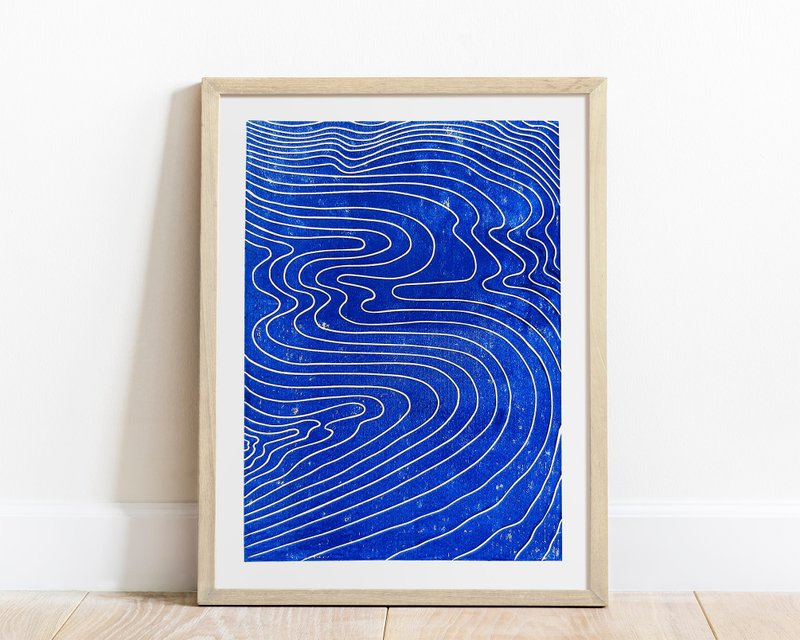 Abstract Japanese Water Linocut Print Original Artwork Wall Art Bedroom Decor - Wall Décor - Paper Blue