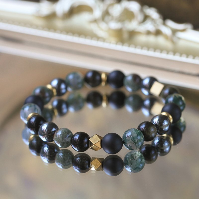 Green ghost water grass agate obsidian. Fortune Lucky Career Health Men's Crystal Bracelet Amazon - สร้อยข้อมือ - คริสตัล สีเขียว