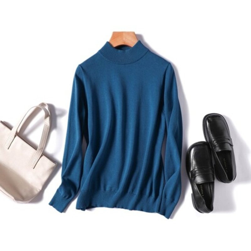 毎日身に着けたい　コットン100　下着ニット　モックネック　セーター　11カラー展開　孔雀青　211001-09 - 女上衣/長袖上衣 - 棉．麻 