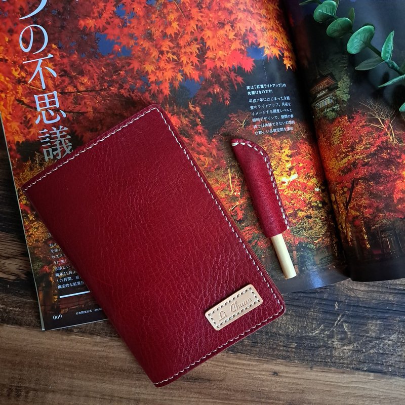 [Free engraving] Red vegetable tanned leather/Passport case including pen cover - ที่เก็บพาสปอร์ต - หนังแท้ 