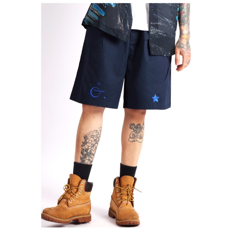 Cotton Bermuda Shorts - **Navy Blue Cotton Embroidery Shorts** - Unisex Pants - Cotton & Hemp Blue