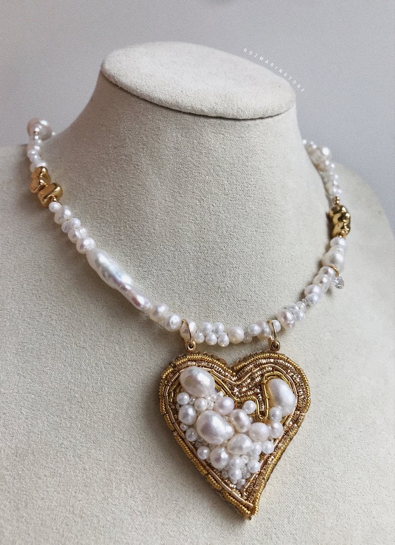 Handmade Beaded Choker Pearl Heart Embroidered  Boho Necklace - Necklaces - Pearl Gold