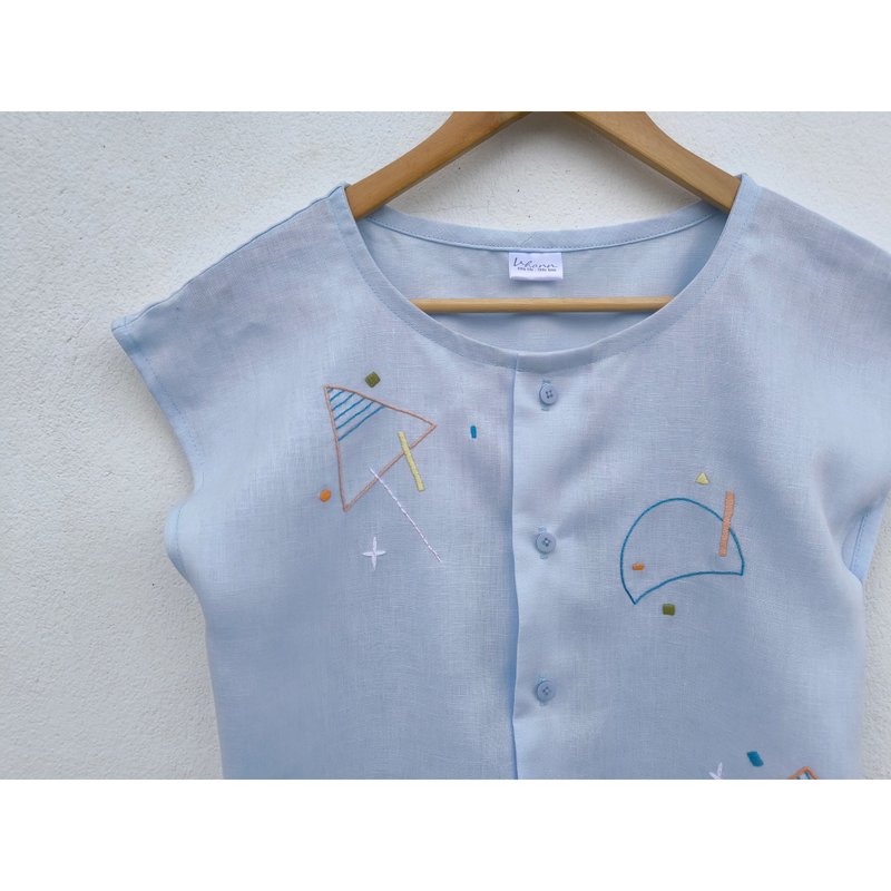 Embroidery | Linen | Round Neck Drop Shoulder Shirt, Sky Blue - 女上衣/長袖上衣 - 棉．麻 藍色
