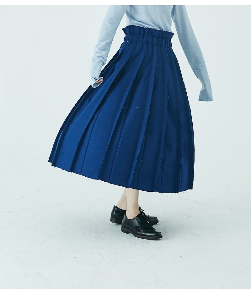 muterumours日本70羊毛寶藍色毛邊半身裙 - 裙子/長裙 - 羊毛 藍色