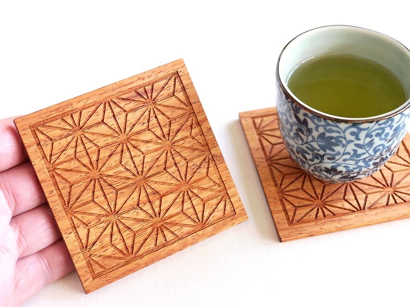 Wood coaster Japanese pattern [hemp leaf] - ที่รองแก้ว - ไม้ สีกากี