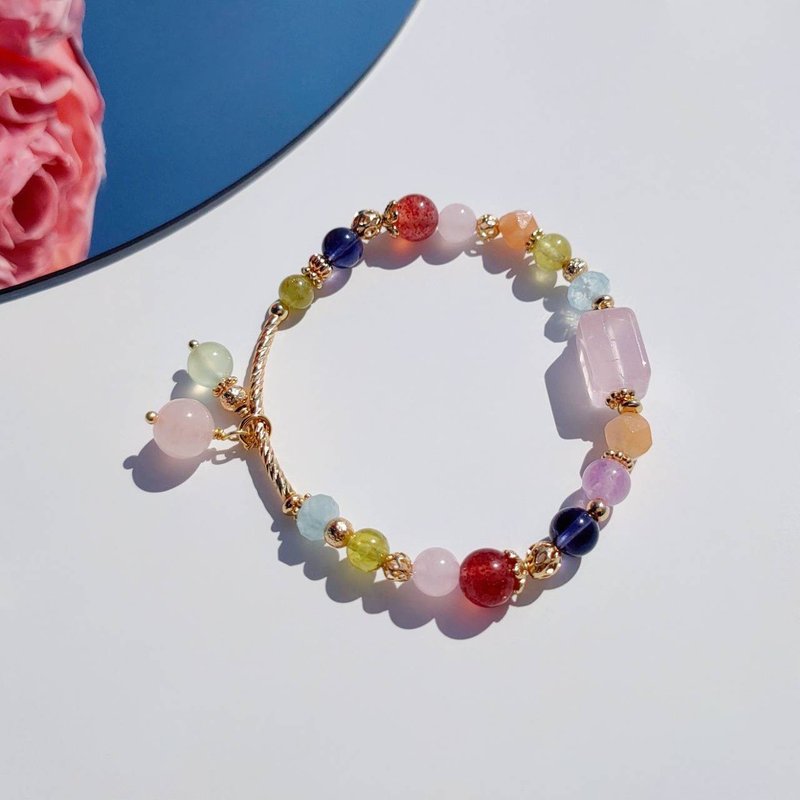 棉花糖樂園。粉晶 高品玻璃堇青石 沙弗萊石 14K包金 水晶手鍊 - 手鍊/手環 - 水晶 粉紅色