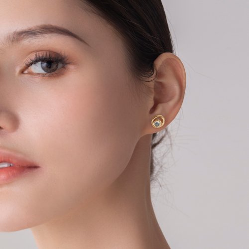 Majade Jewelry Design 灰鑽石橢圓耳環-簡約圓形14k黃金耳釘-疊戴圈圈耳環-4月生日石