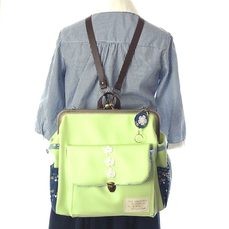 Cherry blossom dancing 3 WAY with left side zipper BIG rucksack Wakaba color - Backpacks - Genuine Leather Green