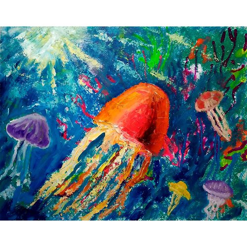 ColoredCatsArt Jellyfish Original Oil Painting, Sea Animal Wall Art, Underwater Artwork