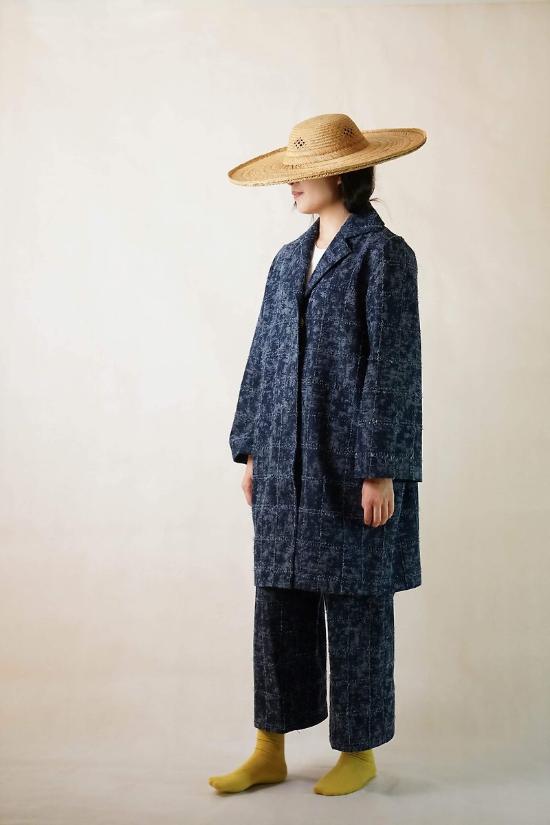 浮云山齐_ H-length long blazer - เสื้อแจ็คเก็ต - ผ้าฝ้าย/ผ้าลินิน สีน้ำเงิน