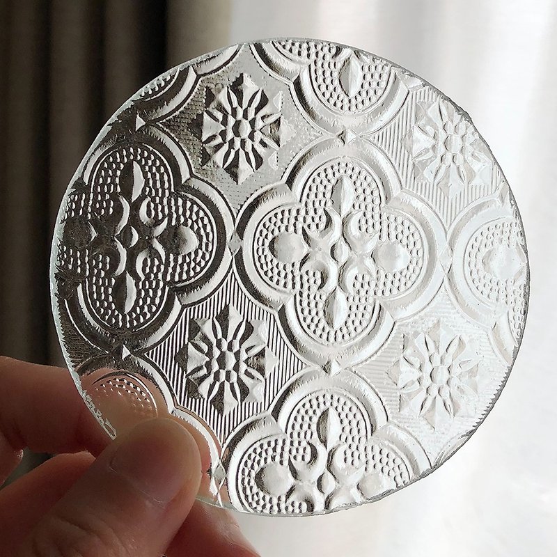 [Paperweight] 8cm round/begonia flower retro embossed glass - Other - Glass 