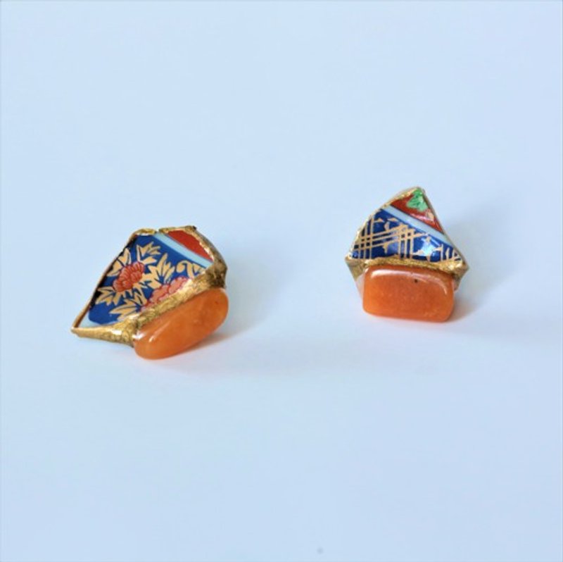 有田焼 陶片 金継ぎ ピアス イヤリング / オレンジアベンチュリン - 耳環/耳夾/耳骨夾 - 陶 藍色