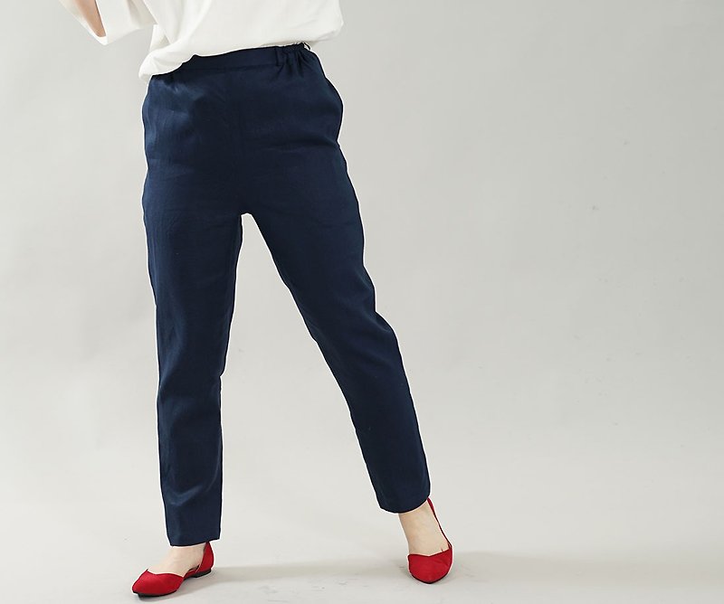 wafu  Linen patns / long length / back elastic waist / bottoms / navy b010b-neb1 - Women's Pants - Cotton & Hemp Blue