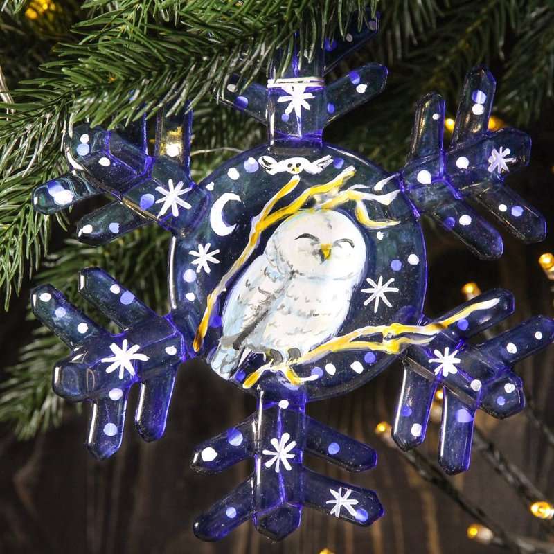 Arctic Owl Glass Snowflake - Large Christmas Ornament - Hand Painted Decor - 擺飾/家飾品 - 玻璃 