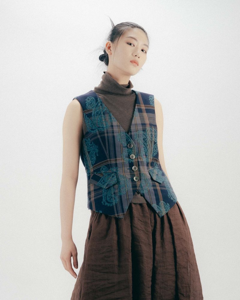 UUIN_Blue check vest - Women's Vests - Wool Green